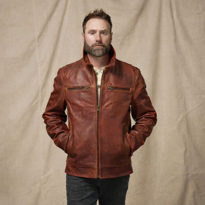 Buffalo Jackson Legacy full grain leather flight jacket in whiskey brown, worn outdoors
